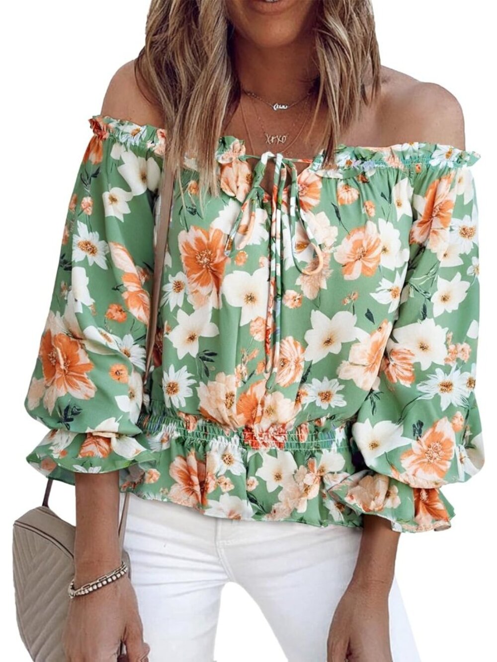 Women's Sleeve Off Shoulder Chiffon Blouse Summer Floral Print Green Shirts